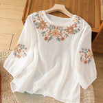 Buddha Stones Casual Flower Leaf Embroidery Women's Crew Neck Design Three Quarter Sleeve T-shirt