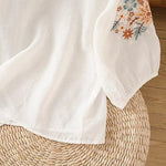 Buddha Stones Casual Flower Leaf Embroidery Women's Crew Neck Design Three Quarter Sleeve T-shirt