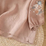 Buddha Stones Casual Flower Leaf Embroidery Women's Crew Neck Design Three Quarter Sleeve T-shirt