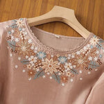 Buddha Stones Casual Flower Leaf Embroidery Women's Crew Neck Design Three Quarter Sleeve T-shirt