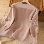 Buddha Stones Casual Flower Leaf Embroidery Women's Crew Neck Design Three Quarter Sleeve T-shirt