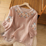 Buddha Stones Casual Flower Leaf Embroidery Women's Crew Neck Design Three Quarter Sleeve T-shirt