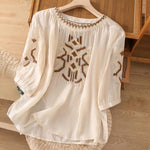 Buddha Stones Casual Symmetrical Embroidery Women's Crew Neck Design Half Sleeve Spandex T-shirt