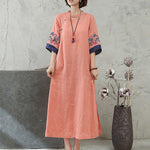Buddha Stones Embroidery Frog-Button Half Sleeve Cotton Linen Women's Midi Dress