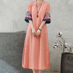 Buddha Stones Embroidery Frog-Button Half Sleeve Cotton Linen Women's Midi Dress