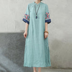 Buddha Stones Embroidery Frog-Button Half Sleeve Cotton Linen Women's Midi Dress