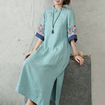 Buddha Stones Embroidery Frog-Button Half Sleeve Cotton Linen Women's Midi Dress