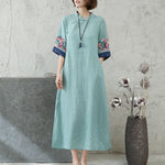 Buddha Stones Embroidery Frog-Button Half Sleeve Cotton Linen Women's Midi Dress