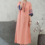 Buddha Stones Embroidery Frog-Button Half Sleeve Cotton Linen Women's Midi Dress