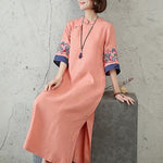 Buddha Stones Embroidery Frog-Button Half Sleeve Cotton Linen Women's Midi Dress
