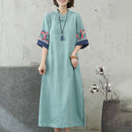Buddha Stones Embroidery Frog-Button Half Sleeve Cotton Linen Women's Midi Dress