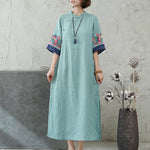 Buddha Stones Embroidery Frog-Button Half Sleeve Cotton Linen Women's Midi Dress