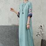 Buddha Stones Embroidery Frog-Button Half Sleeve Cotton Linen Women's Midi Dress