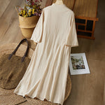 Buddha Stones Vintage Embroidery Frog-button Half Sleeve High Waist Cotton Linen Women's Midi Dress