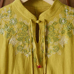 Buddha Stones Vintage Embroidery Frog-button Half Sleeve High Waist Cotton Linen Women's Midi Dress