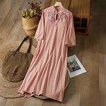 Buddha Stones Vintage Embroidery Frog-button Half Sleeve High Waist Cotton Linen Women's Midi Dress
