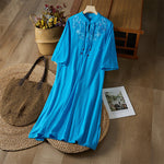 Buddha Stones Vintage Embroidery Frog-button Half Sleeve High Waist Cotton Linen Women's Midi Dress