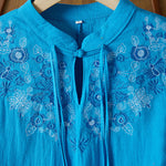 Buddha Stones Vintage Embroidery Frog-button Half Sleeve High Waist Cotton Linen Women's Midi Dress