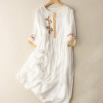 Buddha Stones Spring Ethnic Embroidery Half Sleeve Women's Midi Dress
