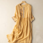 Buddha Stones Spring Ethnic Embroidery Half Sleeve Women's Midi Dress