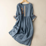 Buddha Stones Spring Ethnic Embroidery Half Sleeve Women's Midi Dress