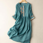 Buddha Stones Spring Ethnic Embroidery Half Sleeve Women's Midi Dress