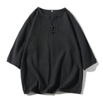 Buddha Stones 2Pcs Plain Notched Collar T-Shirt Wide Leg Shorts With Pockets Men's Meditation Cloth Set