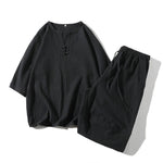 Buddha Stones 2Pcs Plain Notched Collar T-Shirt Wide Leg Shorts With Pockets Men's Meditation Cloth Set