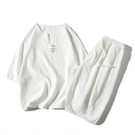 Buddha Stones 2Pcs Plain Notched Collar T-Shirt Wide Leg Shorts With Pockets Men's Meditation Cloth Set
