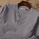 Buddha Stones 2Pcs Plain Notched Collar Short Sleeve T-Shirt Shorts With Pockets Cotton Linen Men's Meditation Cloth Set