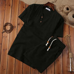 Buddha Stones 2Pcs Plain Notched Collar Short Sleeve T-Shirt Shorts With Pockets Cotton Linen Men's Meditation Cloth Set