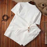 Buddha Stones 2Pcs Plain Notched Collar Short Sleeve T-Shirt Shorts With Pockets Cotton Linen Men's Meditation Cloth Set