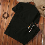 Buddha Stones 2Pcs Plain Notched Collar Short Sleeve T-Shirt Shorts With Pockets Cotton Linen Men's Meditation Cloth Set