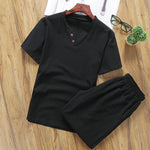 Buddha Stones Casual 2Pcs Plain Sleeve T-Shirt Shorts With Pockets Men's Meditation Cloth Set