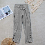 Buddha Stones Summer Plain Color Splicing Design Cotton Linen Women's Pants With Pockets