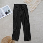 Buddha Stones Summer Plain Color Splicing Design Cotton Linen Women's Pants With Pockets