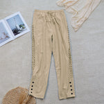 Buddha Stones Summer Plain Color Splicing Design Cotton Linen Women's Pants With Pockets