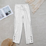 Buddha Stones Summer Plain Color Splicing Design Cotton Linen Women's Pants With Pockets