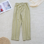 Buddha Stones Summer Plain Patchwork Design Drawstring Cotton Linen Women's Pants With Pockets
