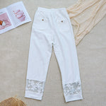 Buddha Stones Summer Daily FloralWhite Plain Patchwork Lace Design Cotton Linen Women's Pants With Pockets