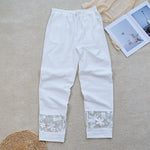 Buddha Stones Summer Daily FloralWhite Plain Patchwork Lace Design Cotton Linen Women's Pants With Pockets