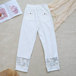 Buddha Stones Summer Daily FloralWhite Plain Patchwork Lace Design Cotton Linen Women's Pants With Pockets