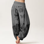 Buddha Stones Cotton Butterfly Flowers Pattern Women's Elastic Waist Harem Pants