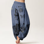 Buddha Stones Cotton Butterfly Flowers Pattern Women's Elastic Waist Harem Pants