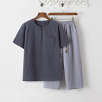 Buddha Stones Summer 2Pcs Plain Short Sleeve T-Shirt 7-8 Length Pants Cotton Linen Tang Suit Men's Meditation Cloth Set With Pockets