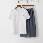 Buddha Stones Summer 2Pcs Plain Short Sleeve T-Shirt 7-8 Length Pants Cotton Linen Tang Suit Men's Meditation Cloth Set With Pockets