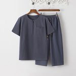 Buddha Stones Summer 2Pcs Plain Short Sleeve T-Shirt 7-8 Length Pants Cotton Linen Tang Suit Men's Meditation Cloth Set With Pockets
