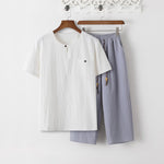 Buddha Stones Summer 2Pcs Plain Short Sleeve T-Shirt 7-8 Length Pants Cotton Linen Tang Suit Men's Meditation Cloth Set With Pockets