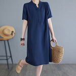 Buddha Stones Casual Daily Pure Color Button Design Short Sleeve Cotton Linen Midi Dress With Pockets