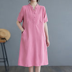 Buddha Stones Casual Daily Pure Color Button Design Short Sleeve Cotton Linen Midi Dress With Pockets